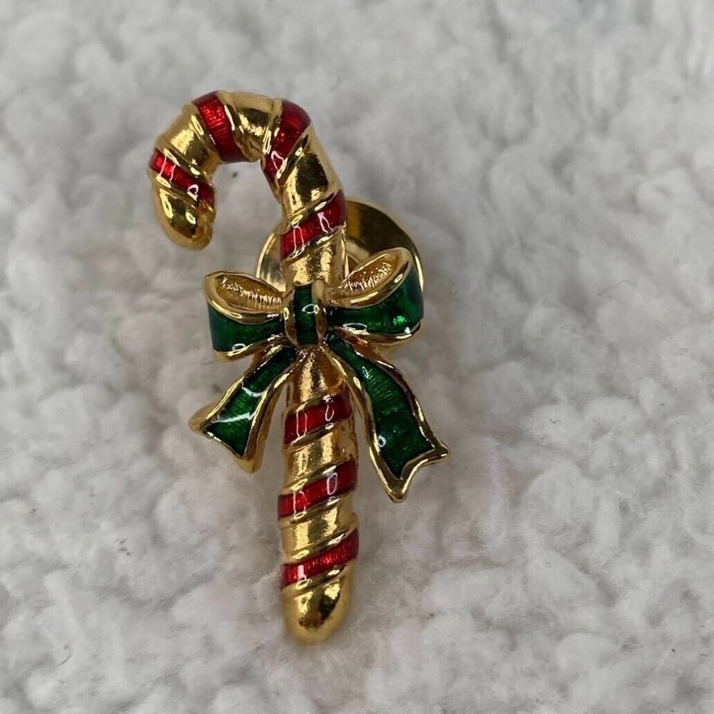 Vintage Avon Christmas Candy Cane Brooch 1" Pin Red Green Enamel Gold Tone Label